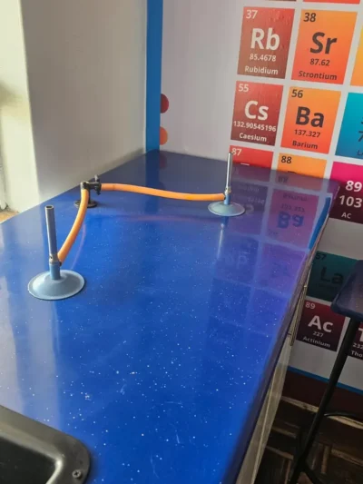 Chemistry lab with a periodic table wall chart and sink at Cares Home-based Tuition